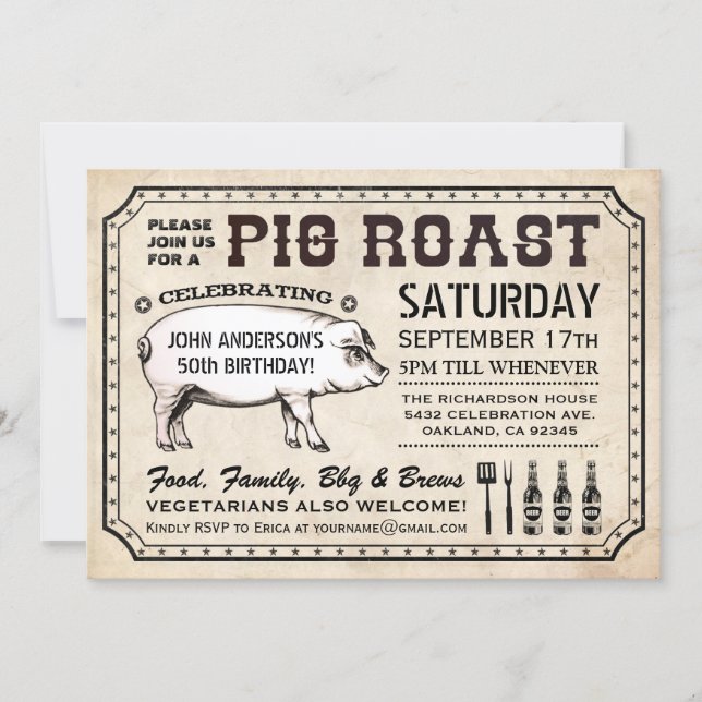 Vintage Pig Roast Invitations (Ticket Style) (Front)