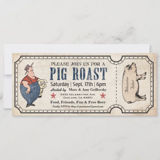 Vintage Pig Roast Ticket Invitations (Front)