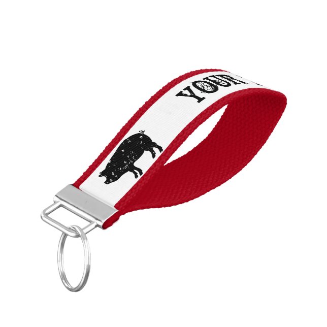 Vintage pig silhouette custom color grosgrain wrist keychain (Angled Down)