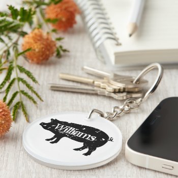Vintage Pig Silhouette Custom Family Name Acrylic Keychain by cookinggifts at Zazzle
