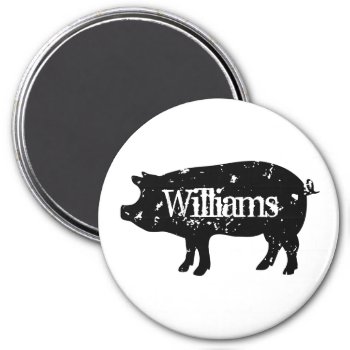 Vintage Pig Silhouette Custom Family Name Fridge Magnet by cookinggifts at Zazzle