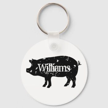 Vintage Pig Silhouette Custom Family Name Keychain by cookinggifts at Zazzle