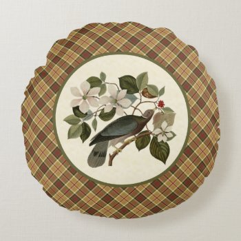 Vintage Pigeon And Dogwood With Gold Plaid Round Pillow by plaidwerx at Zazzle