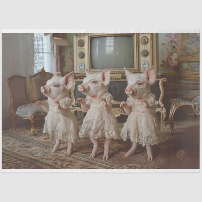 Vintage Pigs Dancing Waltzing Whiskers Decoupage Tissue Paper (Front)