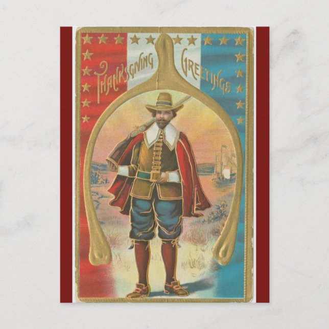 Vintage Pilgrim and a Wishbone Thanksgiving Postcard (Front)