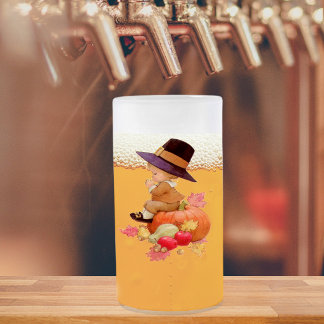 Vintage Pilgrim Boy Praying on Pumpkin Frosted Glass Beer Mug