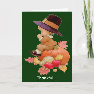 Vintage Pilgrim Boy Praying on Pumpkin Holiday Card