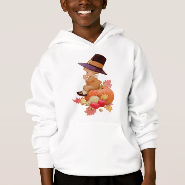 Vintage Pilgrim Boy Praying on Pumpkin Hoodie (Front)