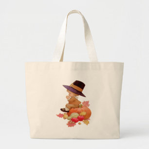 Vintage Pilgrim Boy Praying on Pumpkin Large Tote Bag