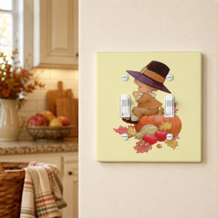 Vintage Pilgrim Boy Praying on Pumpkin Light Switch Cover