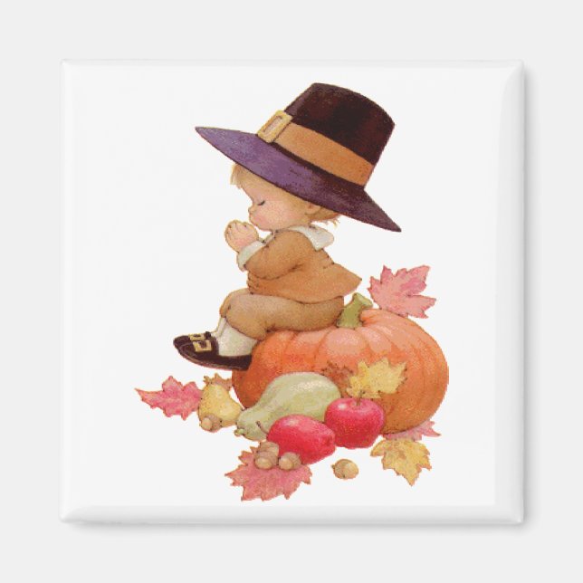 Vintage Pilgrim Boy Praying on Pumpkin Magnet (Front)