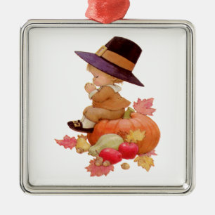 Vintage Pilgrim Boy Praying on Pumpkin Metal Ornament