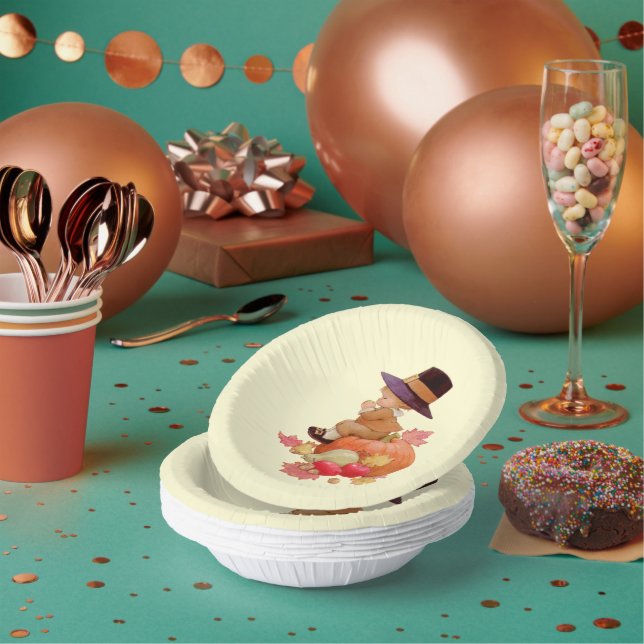 Vintage Pilgrim Boy Praying on Pumpkin Paper Bowls (Multi)