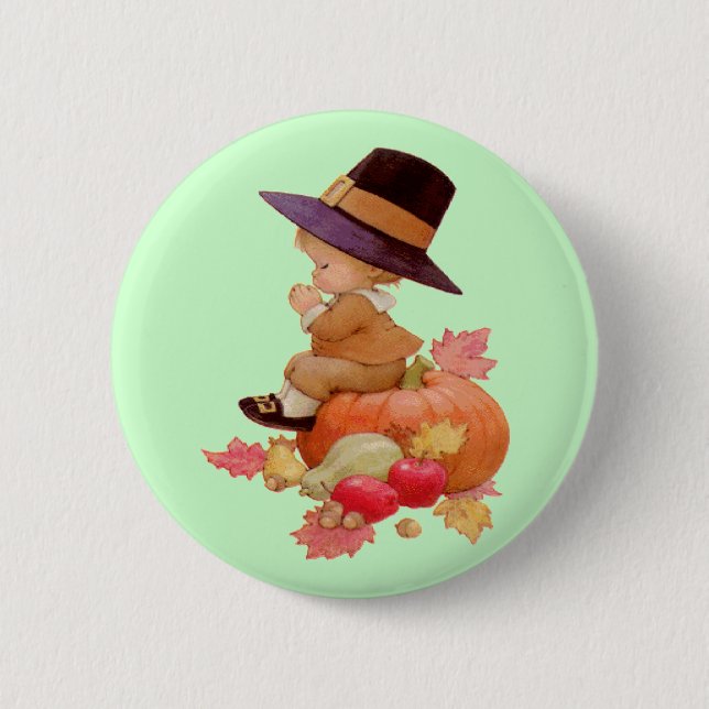 Vintage Pilgrim Boy Praying on Pumpkin Pinback Button (Front)