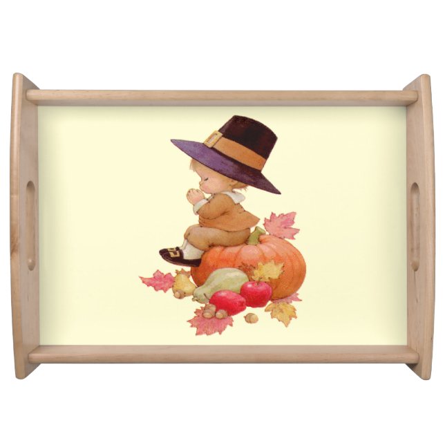 Vintage Pilgrim Boy Praying on Pumpkin Serving Tray (Front)