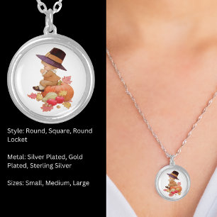 Vintage Pilgrim Boy Praying on Pumpkin Silver Plated Necklace