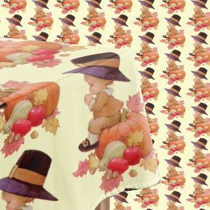 Vintage Pilgrim Boy Praying on Pumpkin Tablecloth