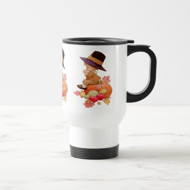 Vintage Pilgrim Boy Praying on Pumpkin Travel Mug (Right)