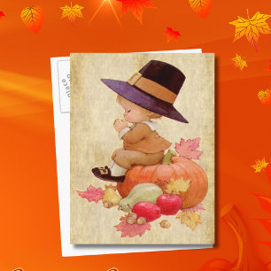 Vintage Pilgrim Boy Praying Pumpkin Parchment Tan Postcard