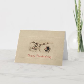 Vintage Pilgrim Girl And Turkey On Wood Background Holiday Card by MarceeJean at Zazzle