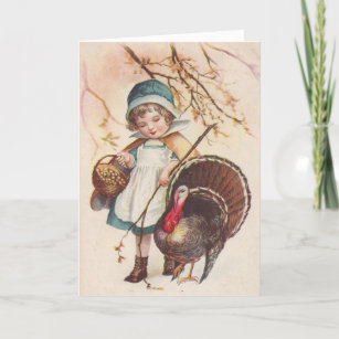 Vintage Pilgrim Girl With Turkey Thanksgiving Holiday Card