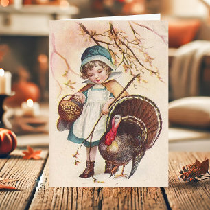 Vintage Pilgrim Girl With Turkey Thanksgiving Holiday Card