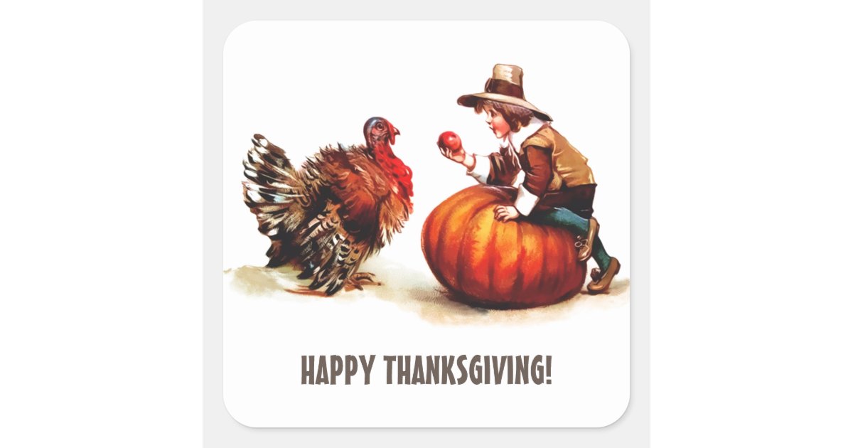 Vintage Pilgrim Kid & Turkey Thanksgiving Square Sticker | Zazzle