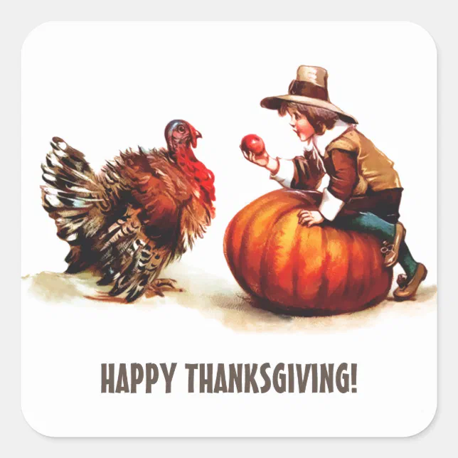 Vintage Pilgrim Kid & Turkey Thanksgiving Square Sticker | Zazzle
