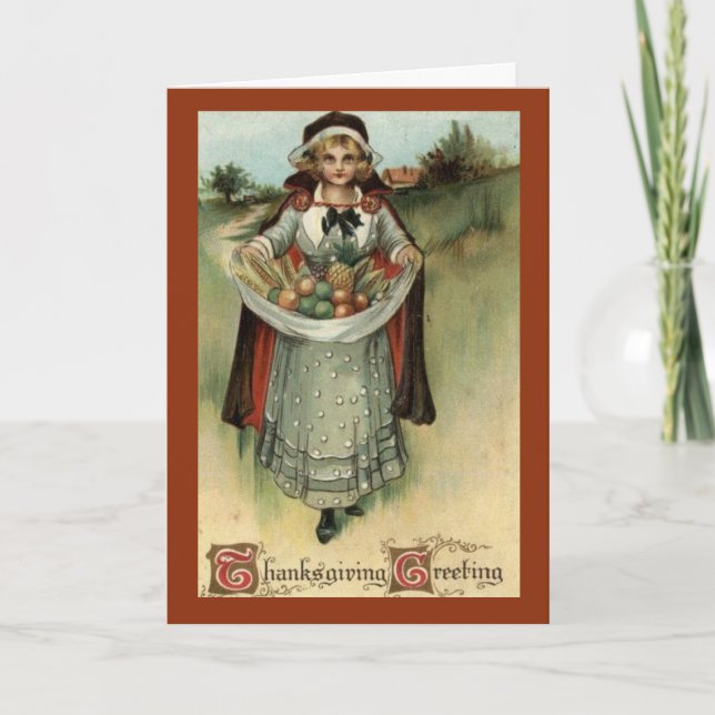Vintage Pilgrim Lady Thanksgiving Greeting Card (Front)