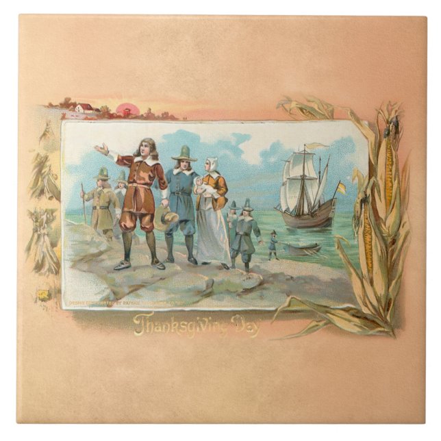 Vintage Pilgrims Landing at Plymouth Rock Ceramic Tile (Front)