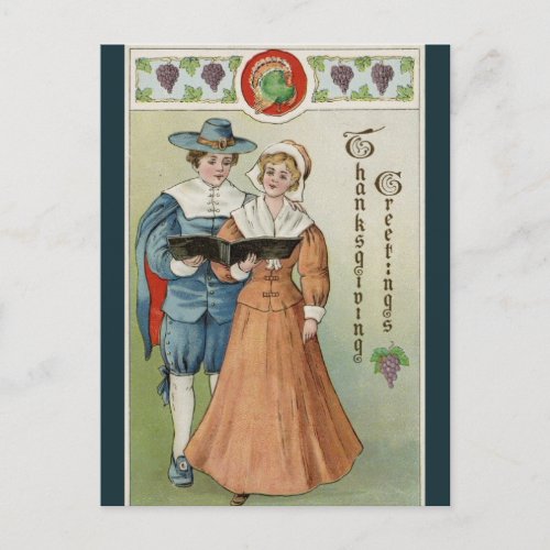 Vintage Pilgrims Sharing a Hymn Book Thanksgiving Postcard
