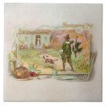 Vintage Pilgrims with Thanksgiving Dinner Ceramic Tile<br><div class="desc">Charming vintage domestic scene featuring a pilgrim father after a successful turkey hunt. The vignette is embellished with a table and traditional Thanksgiving food.</div>