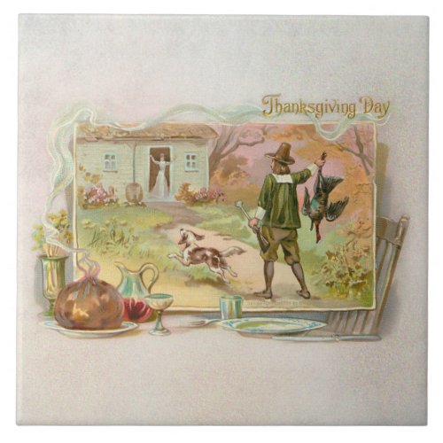 Vintage Pilgrims with Thanksgiving Dinner Ceramic Tile