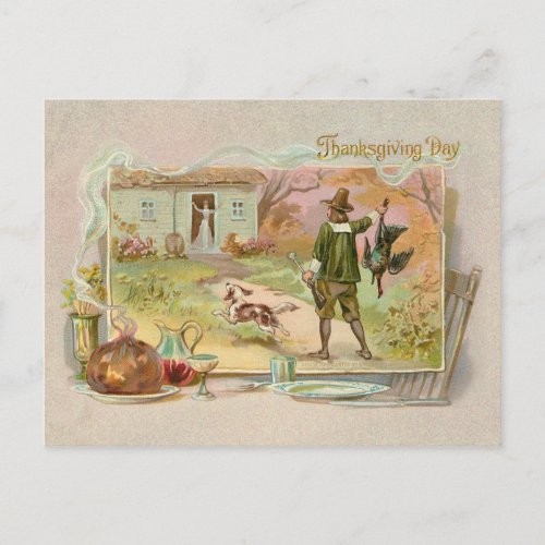 Vintage Pilgrims with Thanksgiving Dinner Holiday Postcard