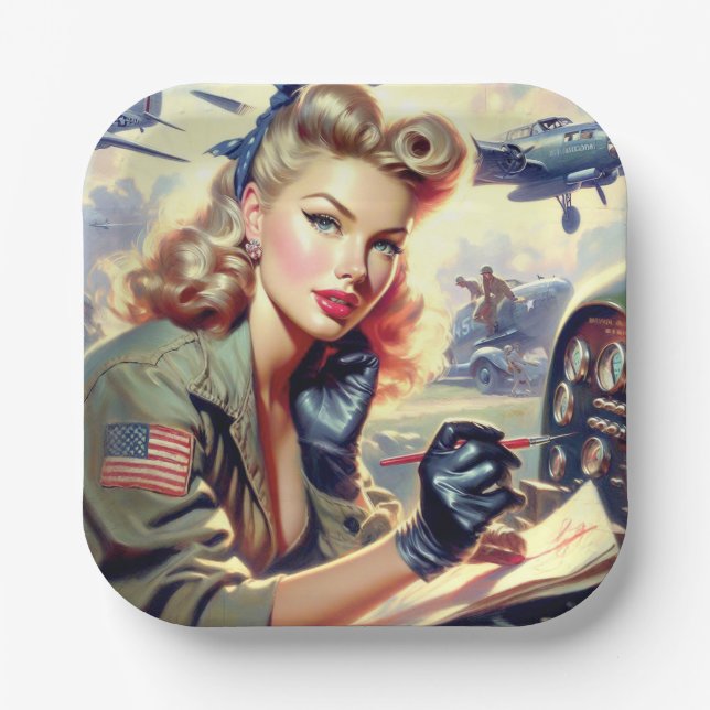 Vintage Pilot Pin Up Paper Plates (Front)