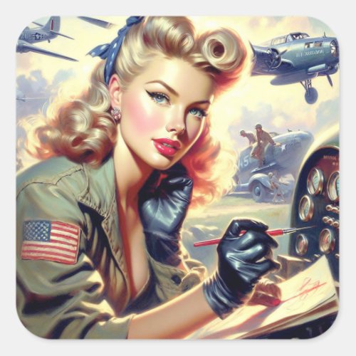 Vintage Pilot Pin Up Square Sticker