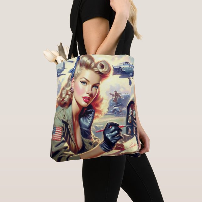 Vintage Pilot Pin Up Tote Bag (Close Up)