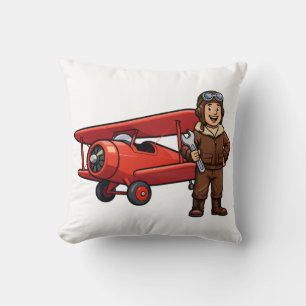Vintage Pilot with Red Biplane Cartoon Art Throw Pillow