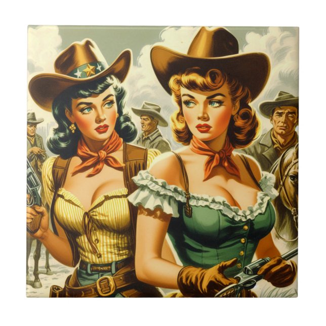 Vintage Pin-up Cowgirls Ceramic Tile (Front)