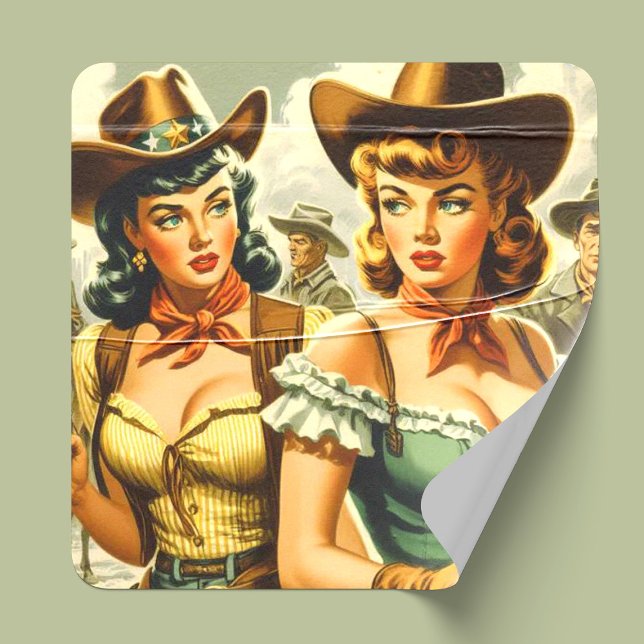 Vintage Pin-up Cowgirls Square Sticker (Creator Uploaded)