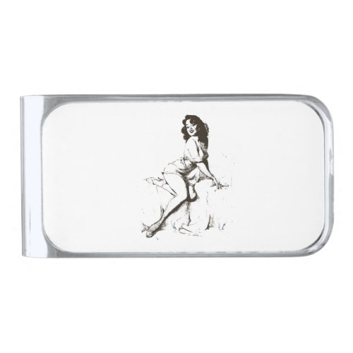 Vintage Pin Up Girl Black and White Pencil Drawing Silver Finish Money Clip