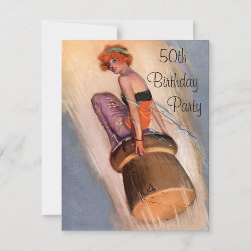 Vintage Pin Up Girl  Champagne Cork 50th Birthday Invitation