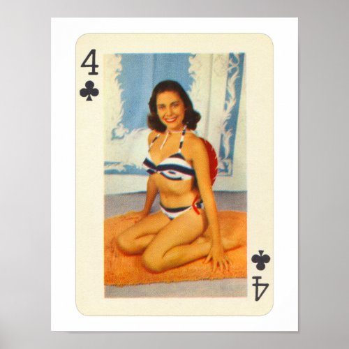 Vintage Pin_Up Girl Four of Clubs Playing Card Poster