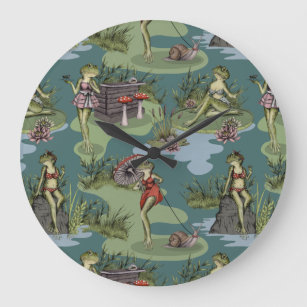 Vintage Pin-Up Girl Frogs Large Clock