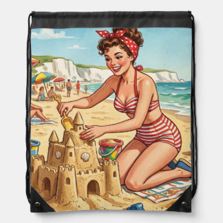 Vintage Pin Up Girl Making Sandcastle Drawstring Bag