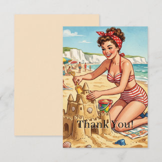 Vintage Pin Up Girl Making Sandcastle | Personaliz Thank You Card