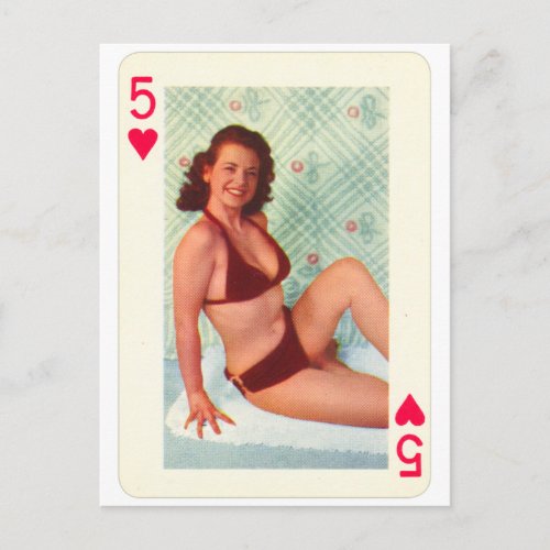 Vintage Pin_Up Girl Playing Card Five of Hearts