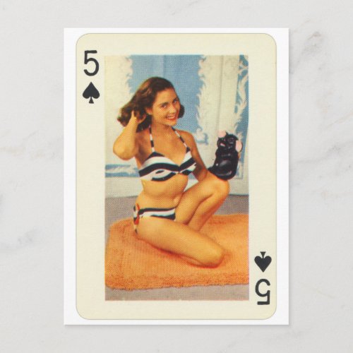 Vintage Pin Up Girl Playing Card Five of Spades