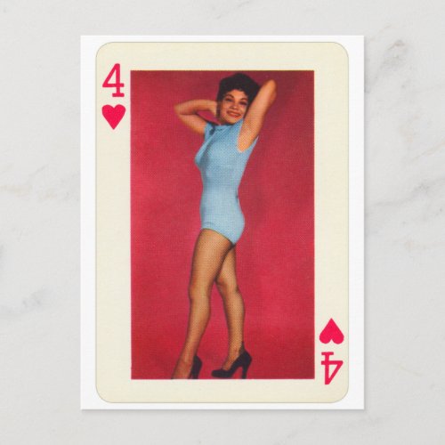 Vintage Pin_Up Girl Playing Card Four of Hearts