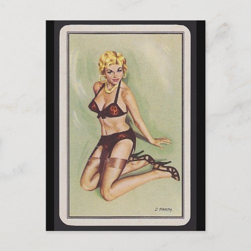 Vintage Pin up girl playing card postcard